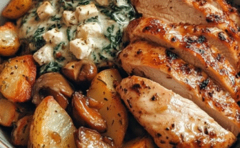 Recipe:🍄🧀🌰🌿Spinach-Feta Mushroom Alfredo with Chestnut Cream & Garlic Chicken Bowl