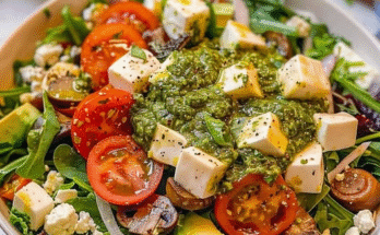 Recipe :🥗🇮🇹 Italian Chopped Salad with Creamy Avocado-Mushroom Pesto & Melted Mozzarella