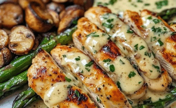 Recipe:🥥🍄🧄 Creamy Coconut Garlic Chicken Alfredo with Roasted Asparagus & Basil Mushroom Sauce!
